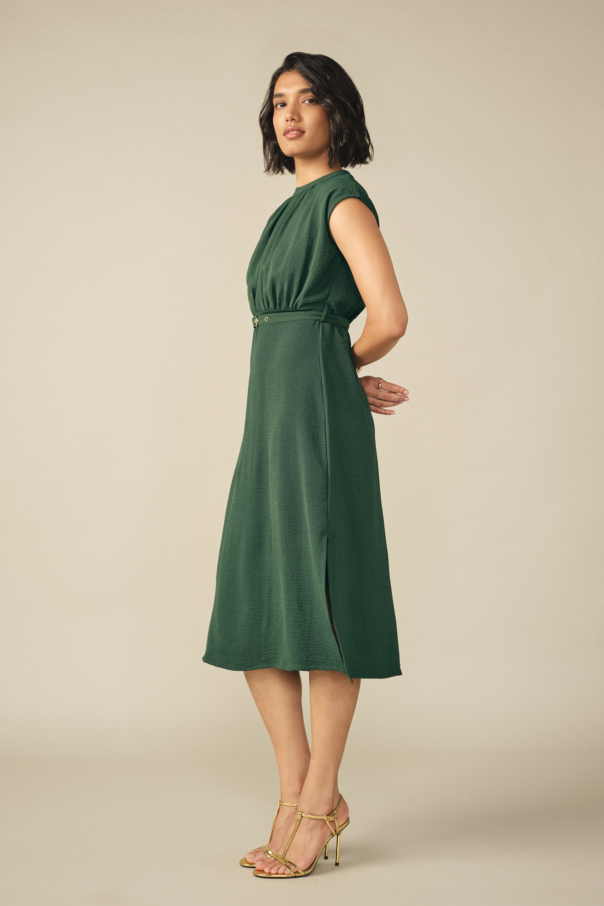 Gathered Tie-up Midi Dress in Green, Green, image 3